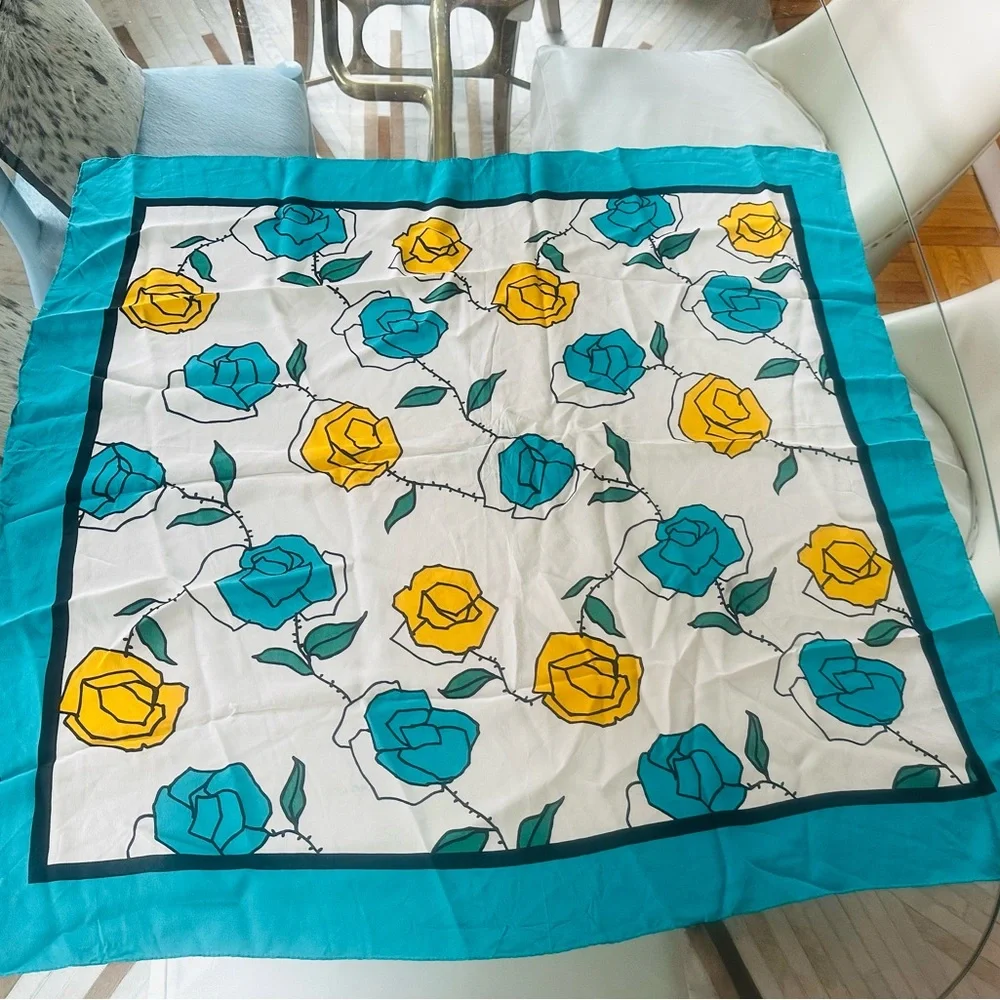 Christian Dior vintage Rose print silk scarf Rare colors(turquoise blue,bright)